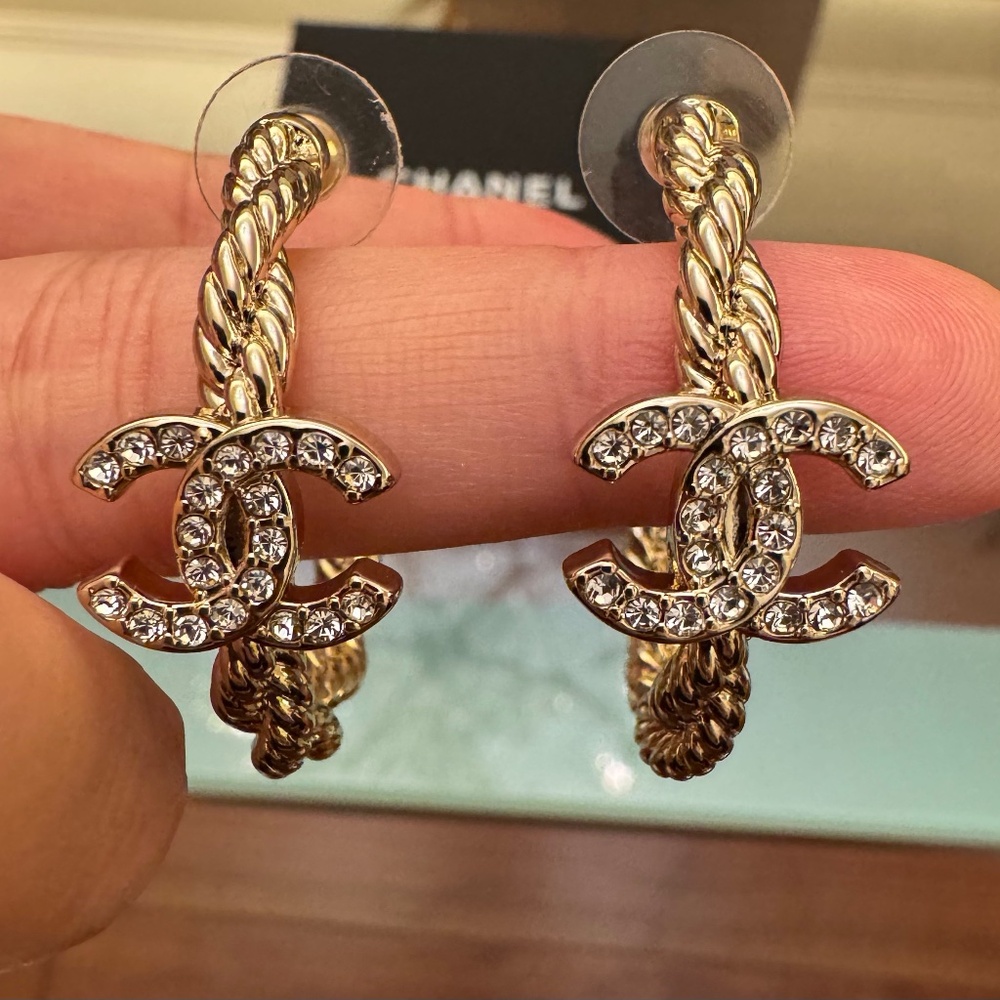 Limited Edition Classic Chanel CC Logo Gold Strass Crystal Hoop Earrings